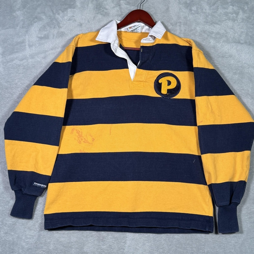 Barbarian Rugby Shirt Mens L (Fits S) Yellow‎ Navy Stripe P Long Sleeve *FLAW